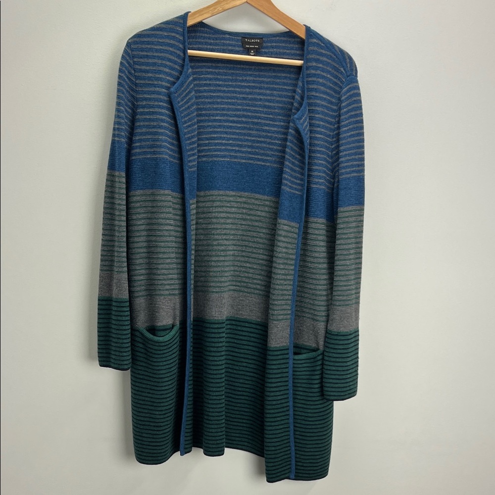 Talbots Pure Merino Wool Cardigan Sweater Striped Long Open Front Womens Medium